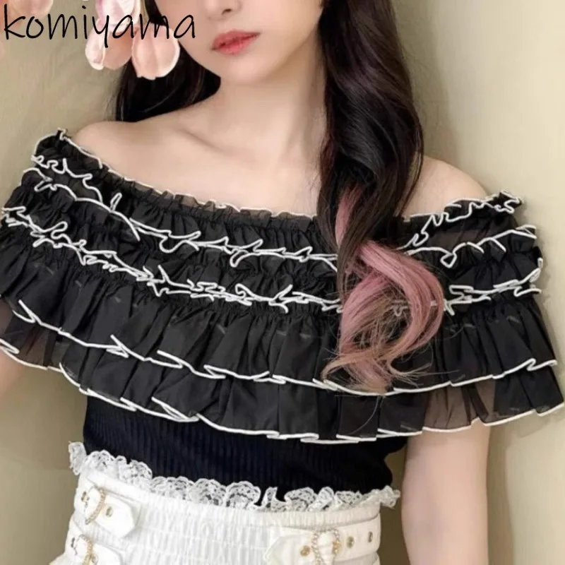 

Japanese Off Shoulder Camisas Sweet Fungus Shirts & Blouses Summer New Knit Blusas Mujer 2025 Woman Clothing Feminino Tops