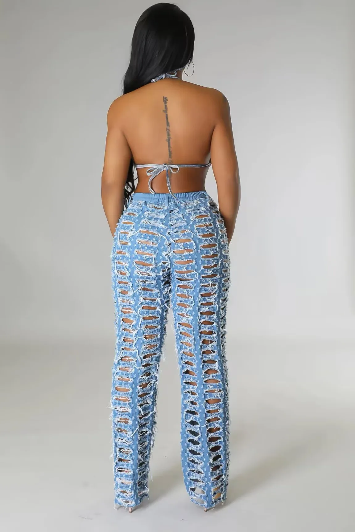 Women Denim Pants Spring Summer Fashion  High Waist Hollow Out Denim Pants Casual Loose  Ripped Fringe Wide Leg Jeans Trousers