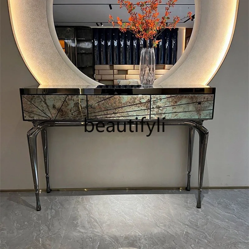 Stainless steel natural agate entrance cabinet Italian minimalist luxury entrance table Villa entrance wall partition