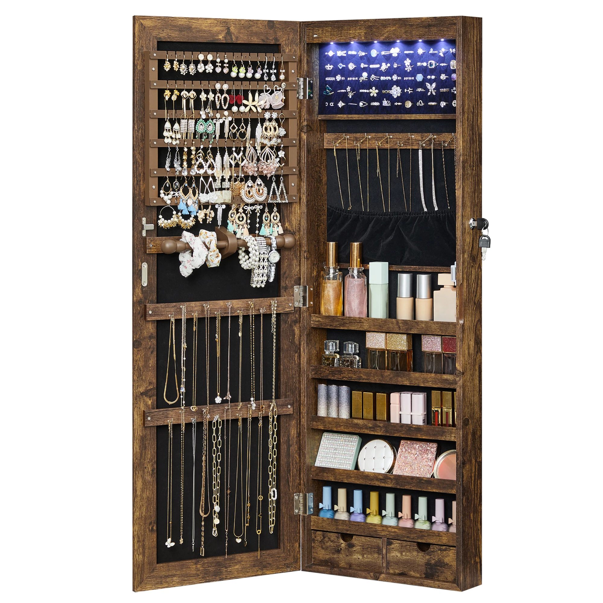 

SONGMICS Hanging Jewelry Cabinet, Wall-Mounted Cabinet with LED Interior Lights, Door-Mounted Jewelry Organizer