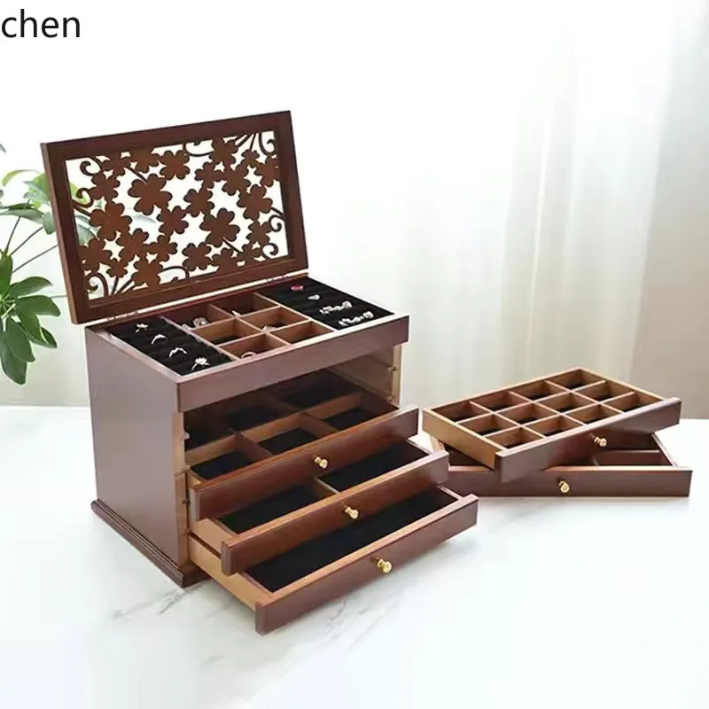 

HXL solid wood jewelry box multi-layer with mirror makeup storage box drawer jewelry box