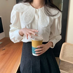 Chic Spring Autumn Women's Shirt New Style Ruffle Collar White Loose Design Sweet Youthful Bubble Sleeve Blouse Pure Color Do...