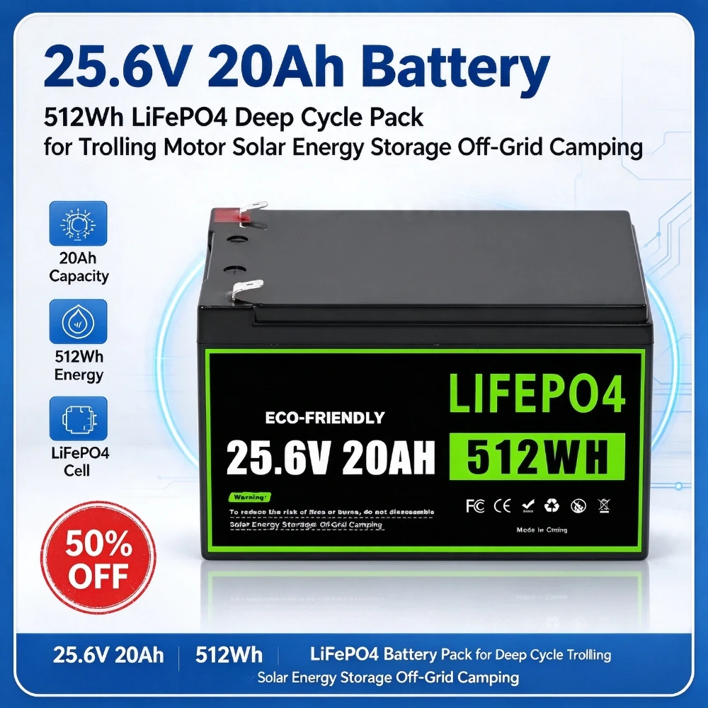 25.6V 20Ah 512Wh Rechargeable High Capacity LiFePO4 Battery for Deep Cycle Trolling Motor Solar Energy Storage Off-Grid Camping