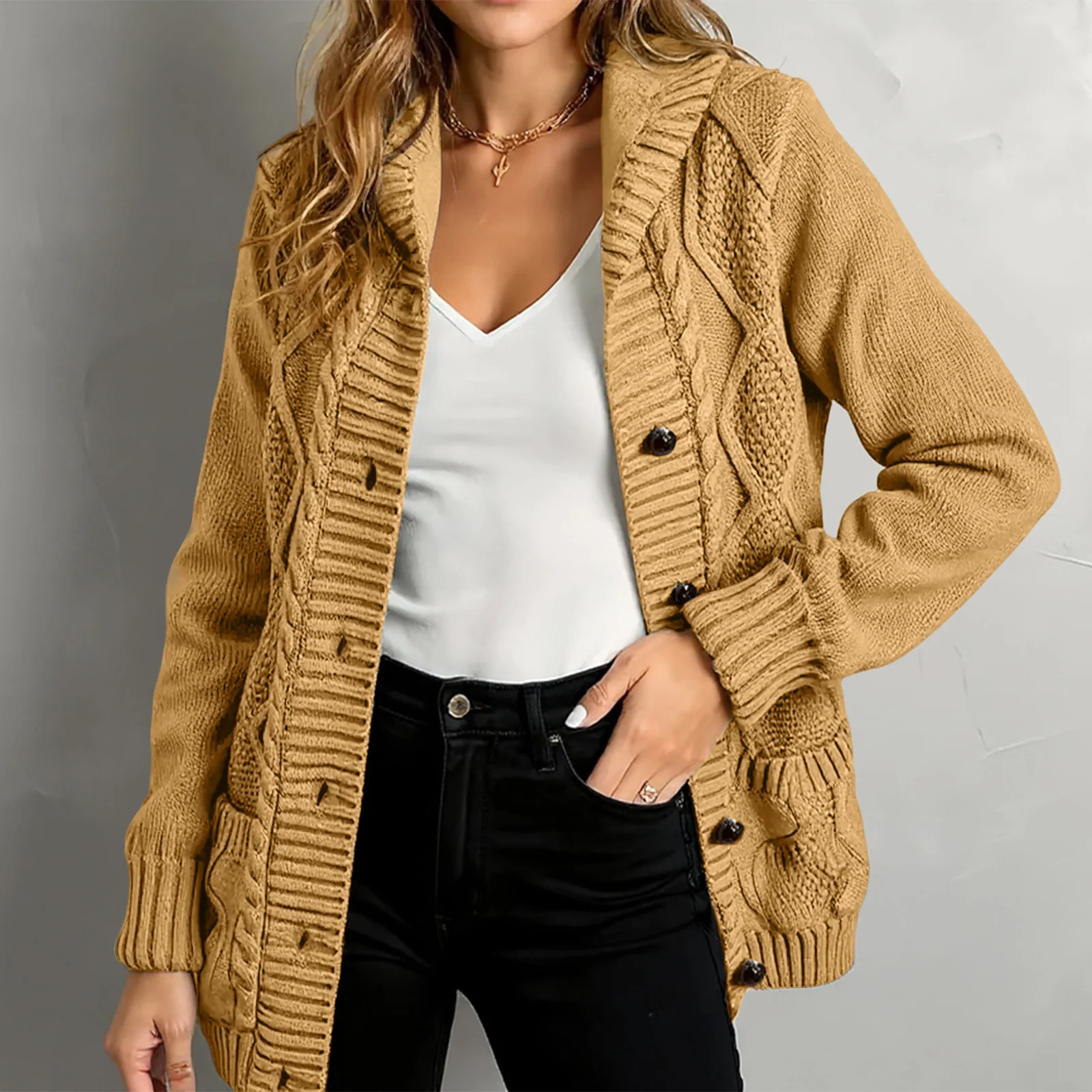 Damski sweter rozpinany z kapturem, dzianinowy, jesienno-zimowy, casualowy, jednolity kolor, długi rękaw, kieszenie, płaszcz, strój na co dzień.