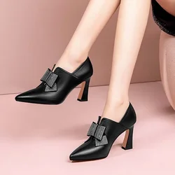 Туфли Женские French Pointed High Heels Shoe Women AutumnThick Heels Leather Shoe Rhinestone Bows Single Boot Banquet Women Shoe