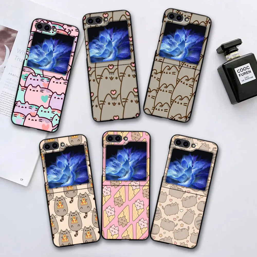 Pusheen Cat Cute Case for Samsung Galaxy Z Flip 6 5 Black Hard Cover Flip6 Flip5 Mobile Phone Shell Zflip6 Zflip5 Funda Capa