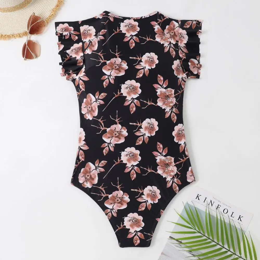 Nadanbao Sexy Bodysuit Swimsuit Women Floral Printing Fashion Swimwear Female Flounce Zipper Beach Party Surfing Beachwear