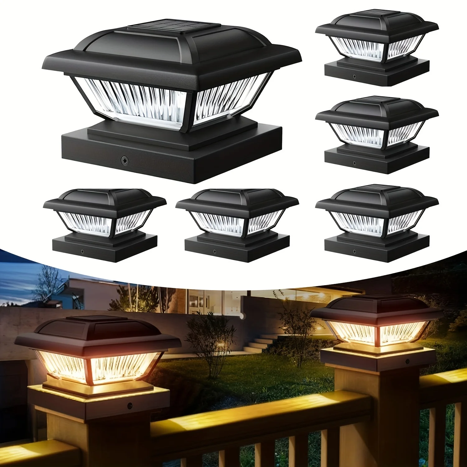 

Solar Post Cap Lights: Available in Packs of 6 Or 12, These Solar-Powered Lights Are Designed for Outdoor Use with an IPX5 Waterproof Rating. They Fit 4X4 And 5X5 Wooden Or Vinyl Lamp Posts, Making Them Perfect for Decks, Porches