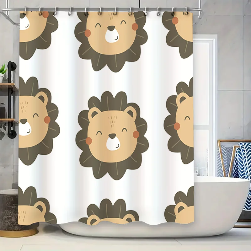 

Adorable Lion Print Shower Curtain for Kids Bathroom Decor White Waterproof Fabric with Hooks Set!
