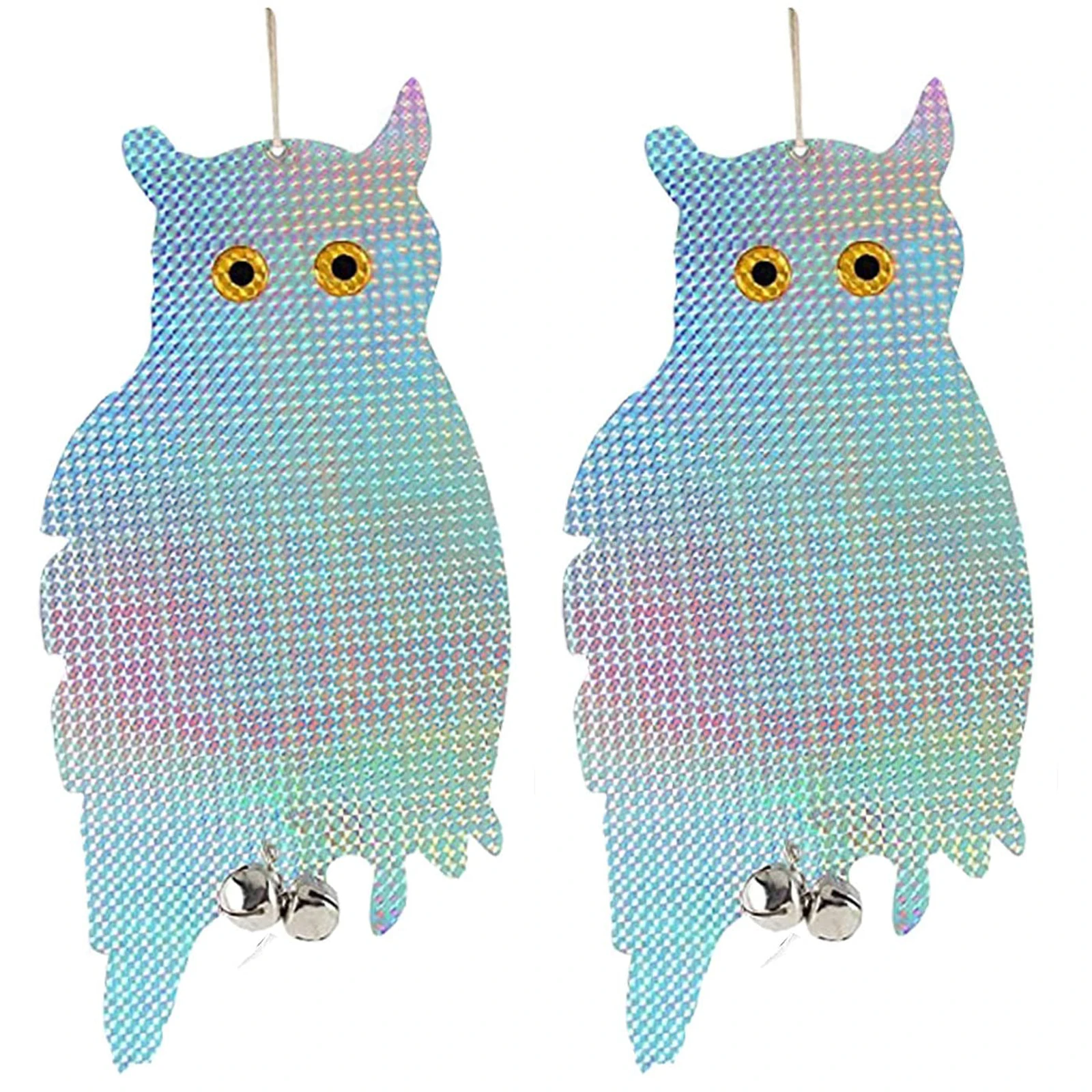 2PCS Hanging Reflective Owl with Bells Scarecrow Scares Birds for Windows Houses Terraces Backyards Outdoor Garden Decorations