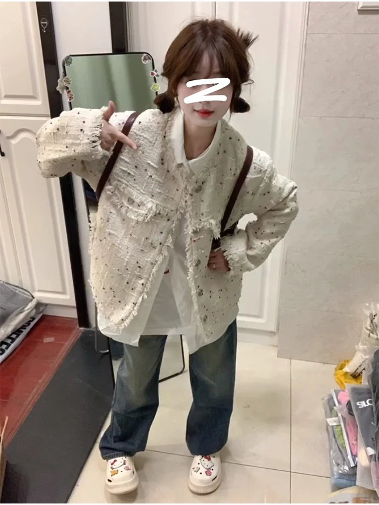 

Твидовый жакет с воротником для женщин, осенний, приталенный силуэт, изящный, женственный, красивый, элегантный, для работы, офиса, деловых встреч, OL