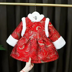 Fato infantil de veludo, vestido princesa hanfu, cheongsam grosso, vermelho, ano novo tradicional chinês, roupa de bebê, inverno