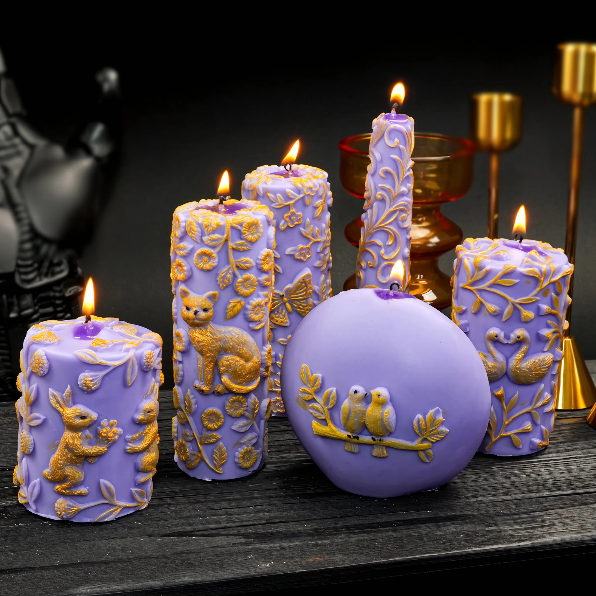 3D Kaninchen Relief Zylindrische Kerze Silikon Formen Vogel Katze Schwan Fuchs Schmetterling Rose Floral Harz Form Zement Gips Hause Geschenke