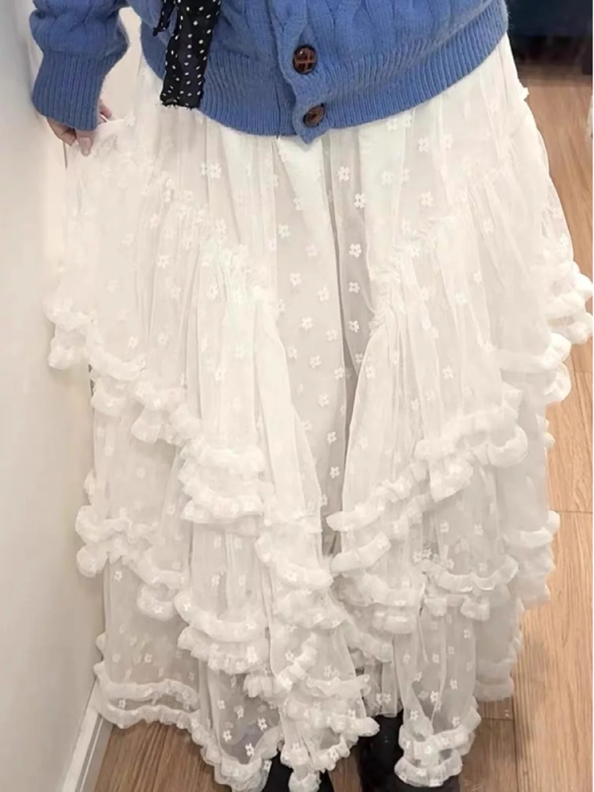 Large Size White Heavy Embellished Asymmetrical Net Half Skirt Women's Early Spring High Waist Long Cake Skirt Korean Style