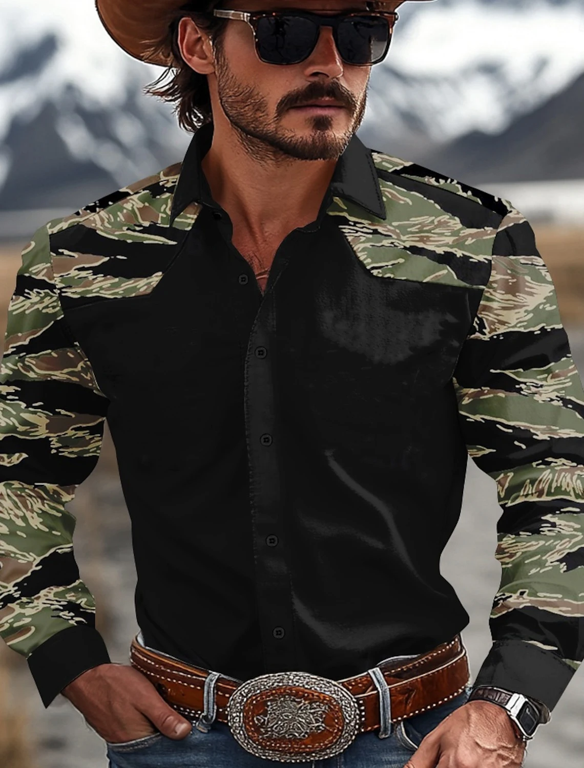 

Camouflage Western Shirt Denim Shirt Long Sleeve Western Casual Outdoor Spring and Autumn Lapel Black Brown Green Khaki