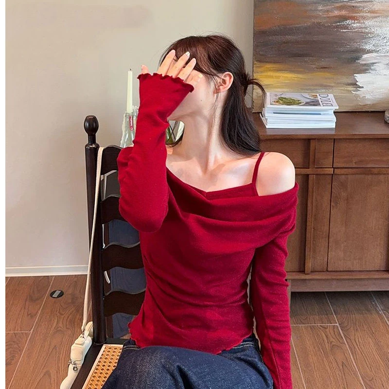 Camisetas de manga larga con cuello oblicuo para mujer, jerséis falsos de dos piezas, Tops Vintage elegantes de algodón puro para primavera y otoño