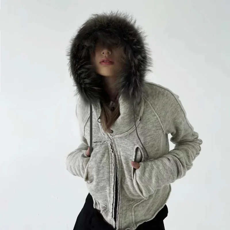 Design sense split asymmetrical fur hooded zipper hoodie lady