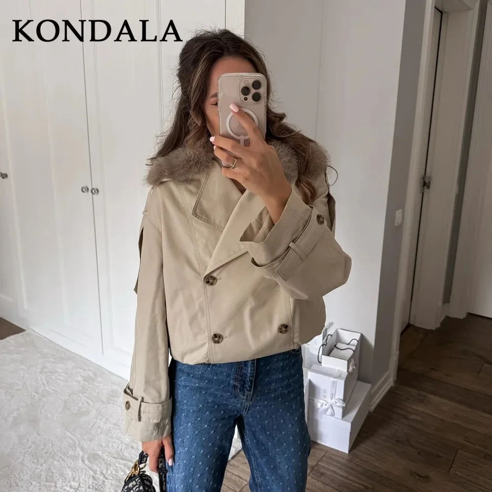 

KONDALA 2025 Fall Winter Streetwear Faux Fur Spliced Women Trench Fashion Double Breasted Solid Christmas Elegant Ladies Jackets