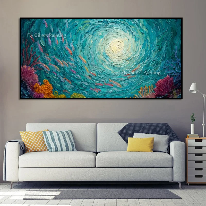 Original Hand Painted Ocean Vortex Oil Painting, Thick Texture Fish & Coral Canvas Wall Art, Nautical Coastal Home Decoration