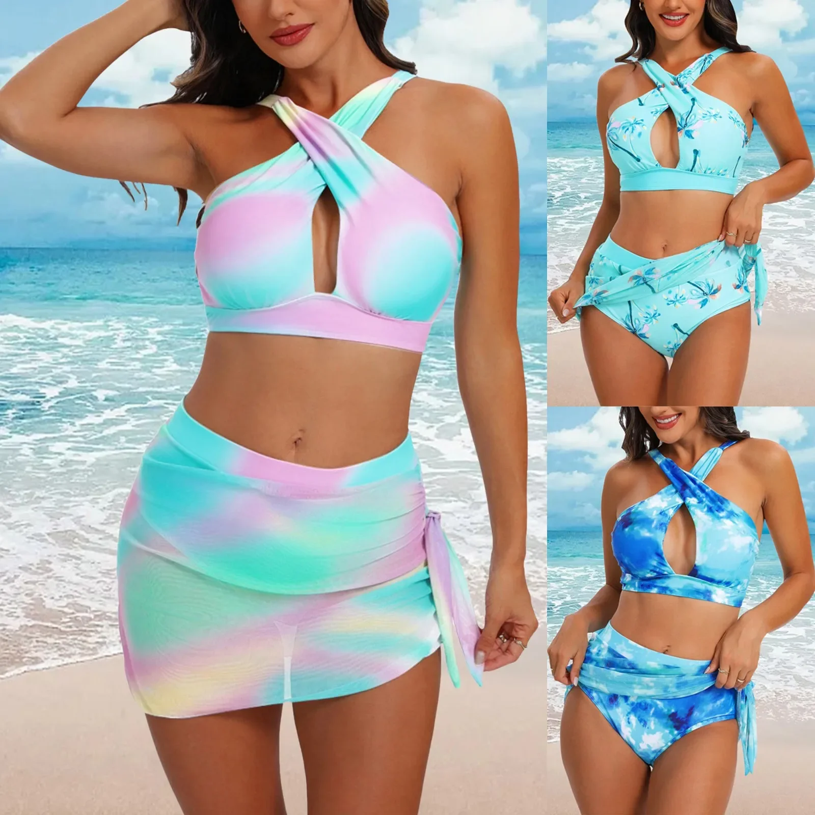 Maiô feminino de cintura alta, conjunto de 2 peças, biquíni, moda praia confortável, novo design estampado, moda verão 2024