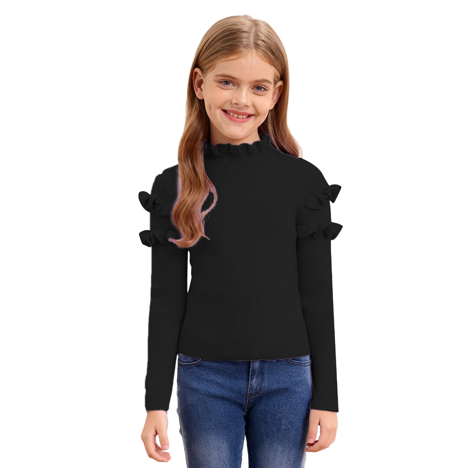 

Kids Girls Frilly Ribbed Knitted Sweater Spring Autumn Casual Clothing Cotton Long Sleeves Mock Neck Solid Color Pullover Tops