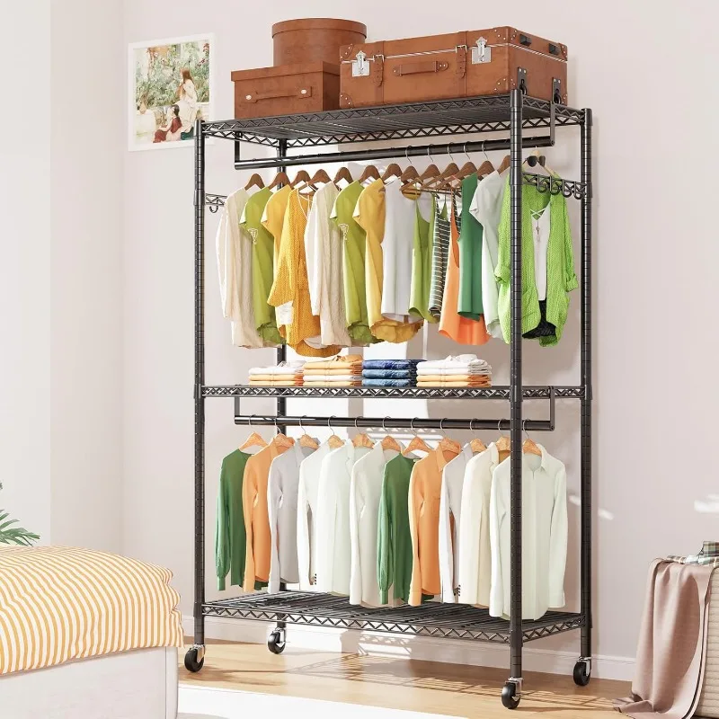 G1L 3 Tiers Garment Rack with Storage Shelves, Heavy Duty Rolling Free-Standing Clothing Rack Closet Organizer