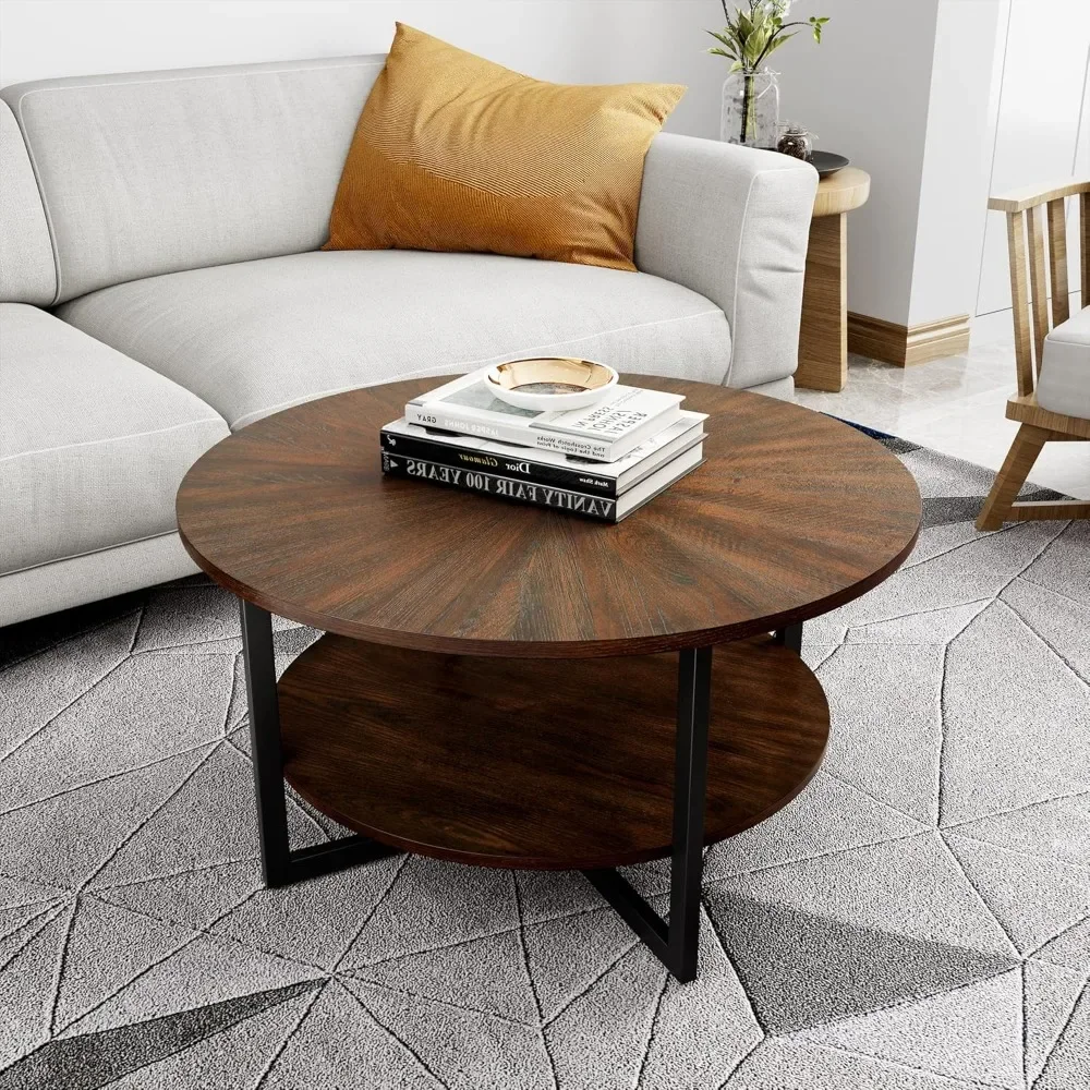 Round Coffee Tables for Living Room, 2 Tier Solid Wood Coffee Table with Storage, Modern Circle Coffee Table with Metal Legs