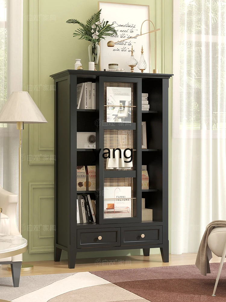 LXL Living Room Combined Bookcase Retro Classic Black Side Cabinet Curio Cabinet Rattan Sliding Door