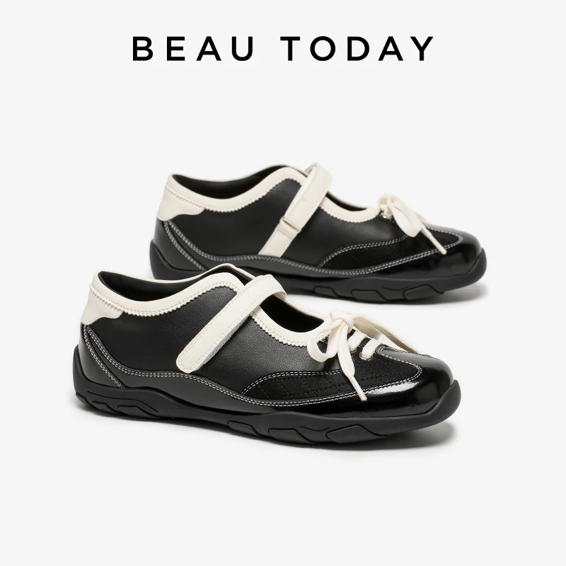 

BEAUTODAY Mary Janes Women Synthetic Leather Hook&Loop Shallow Round Toe Flats Ladies Ballet Shoes Handmade 25306
