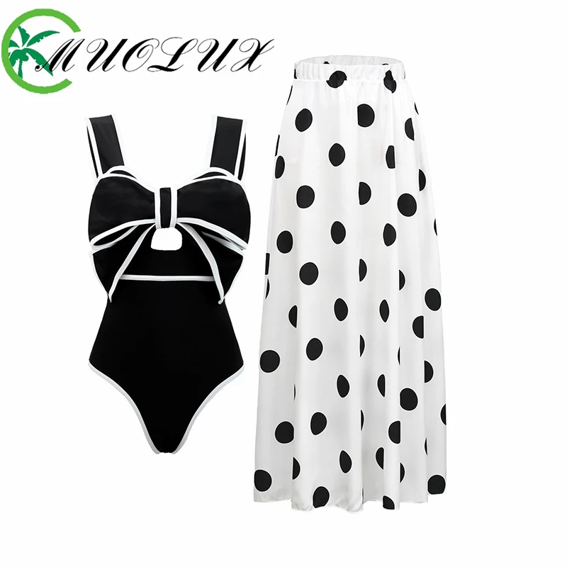 MUOLUX Bikini Set Black And White Colorblocked One Piece Swimsuit Women Swimwear Slim Fit Open-back Bow Design Bikini Dot Skirt