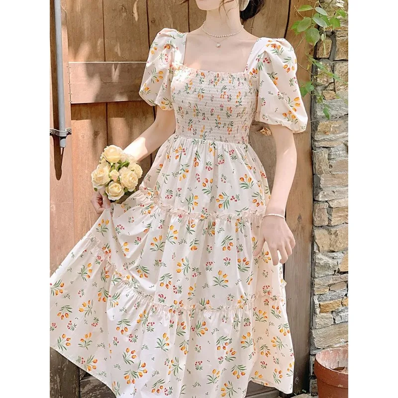 Robe mi-longue à manches bulles pour femmes, jupes au-dessus du genou, col carré, décontracté, imprimé floral, tambour, français, été