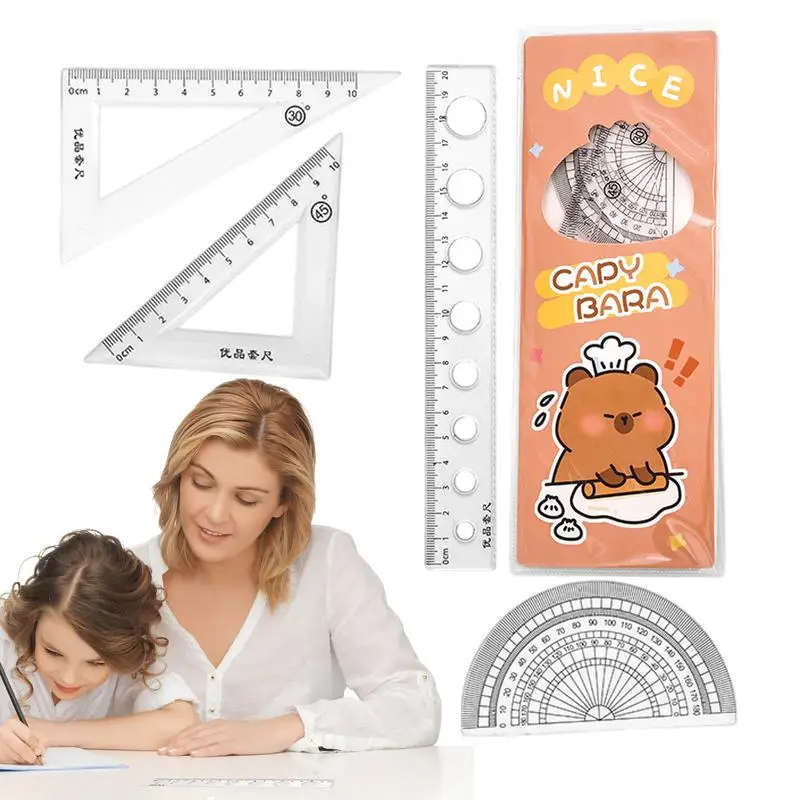 Geometry Tools Capybara Measuring Ruler Set Portable Cute Capybara Ruler Set Straight Ruler Triangle Ruler Protractor Math