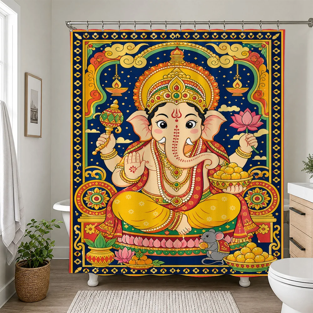 Vibrant Hindu Ganesha Lord Ganesh Spiritual Shower Curtain Liner Boho Decor Waterproof Bathroom Bath Curtain Wall Hanging Tropic