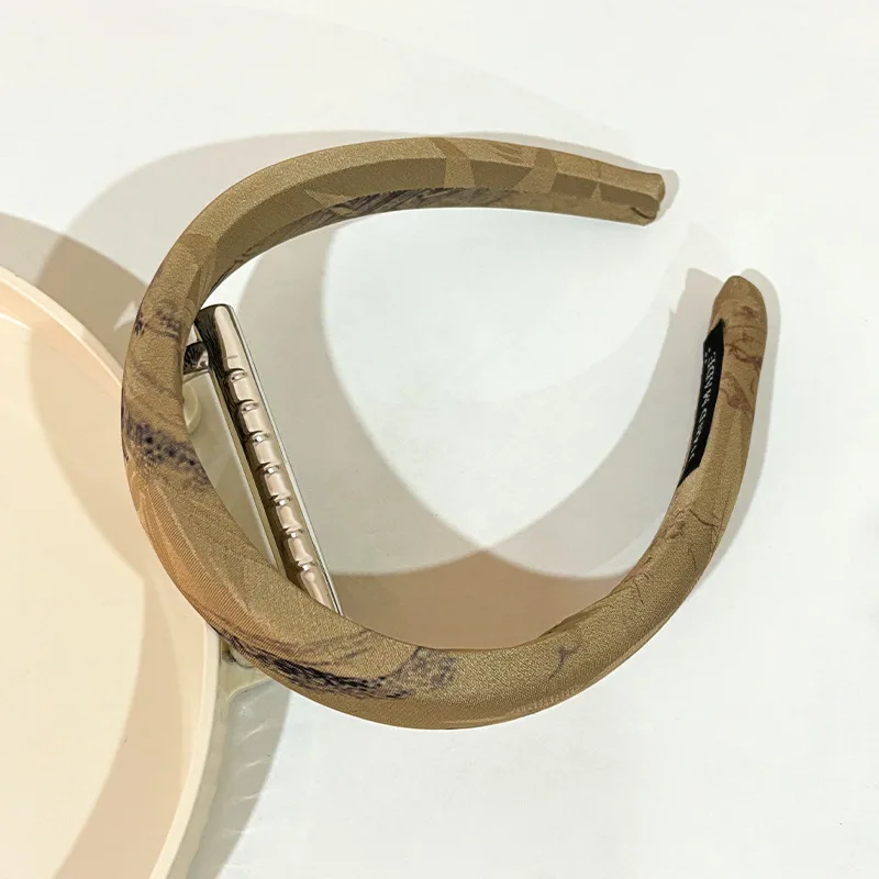 

1pc New High-Grade Satin Gray Champagne National Style Velvet Print Fine Sponge Headband Elegant Temperament Headband Headwear