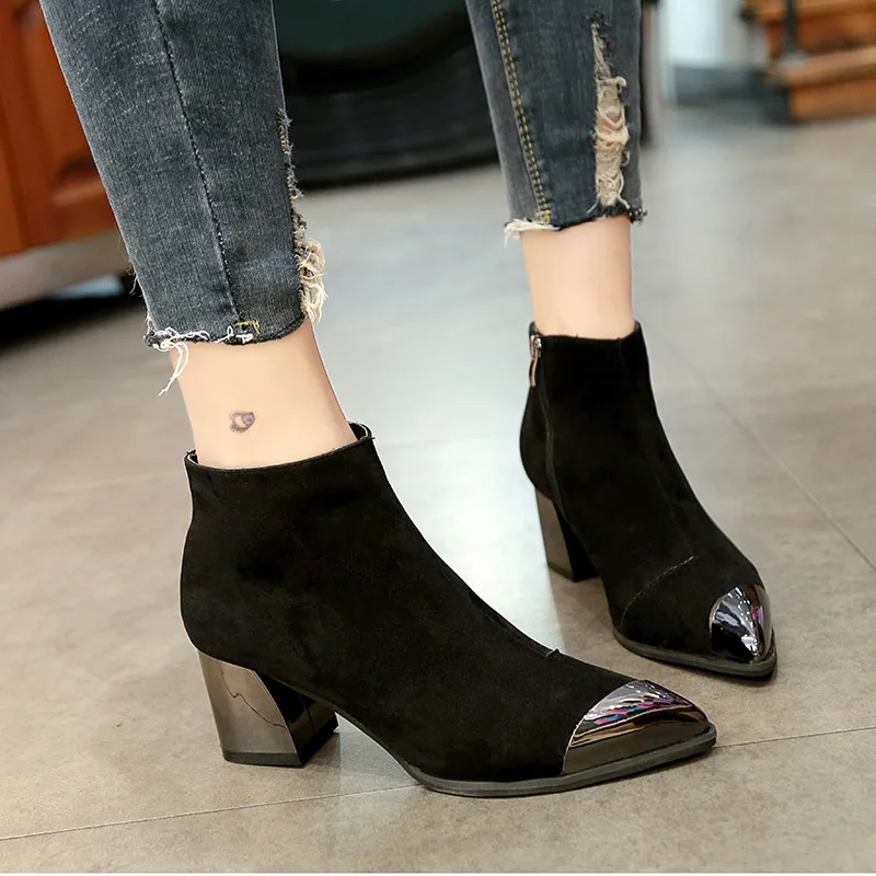 

Spring Autumn New Women Boots Ankle Pointed Women Shoes Fashion Boots Flock Med (3cm-5cm) Zapatos De Mujer Shoes Woman