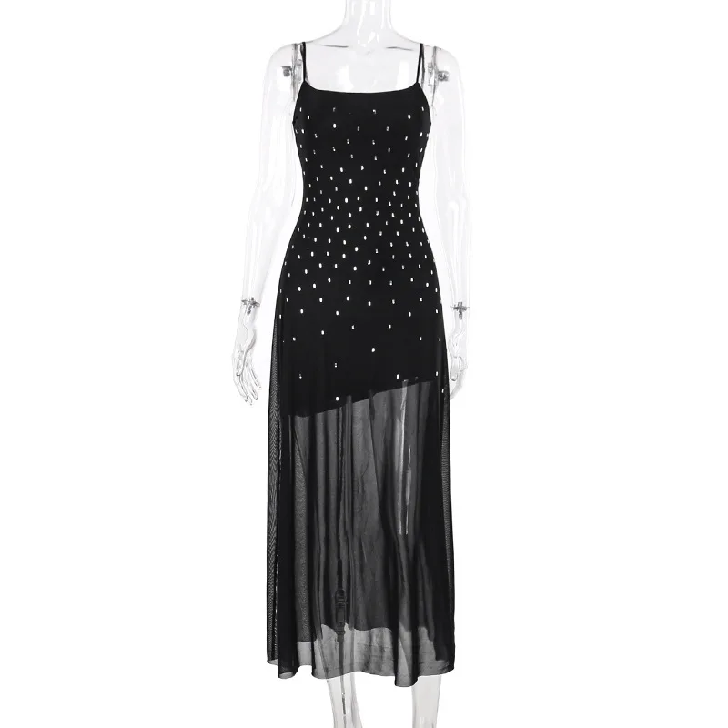 2024 New Summer Women's Sexy Rhinestone Halter Dress Net Gauze Sheer Suspender Long Dress Summer Beach Skirt