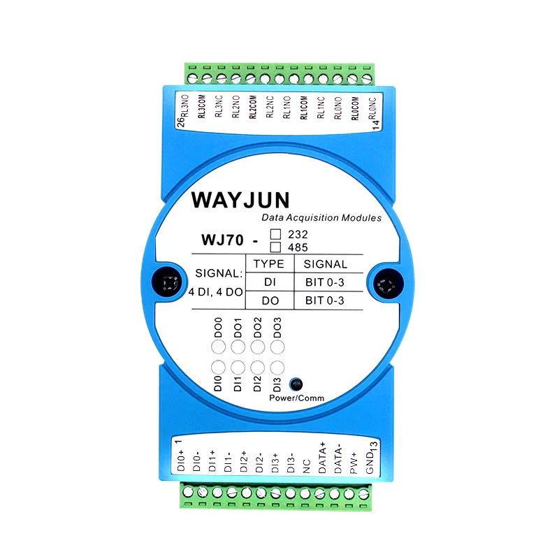 

Four way DI four way relay output RS-485/232 data isolation acquisition remote I/O module WJ70