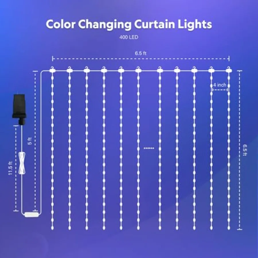 App-Control RGB Curtain Lights 6.5x6.5ft Color Changing String Lights DIY Functions Smart Holiday Lights for Bedroom 4th of Jul