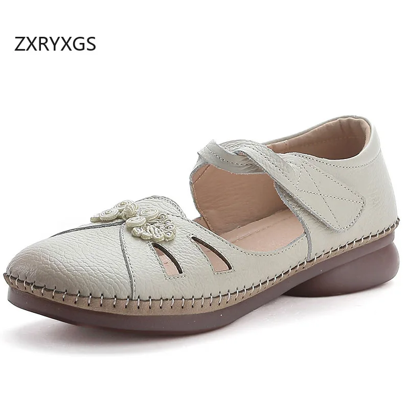 ZXRYXGS Chinese Style Summer Women Sandals 2024 Genuine Learger Noble Elegant Comfortable Sandals Soft Sole Women Shoes Sandals