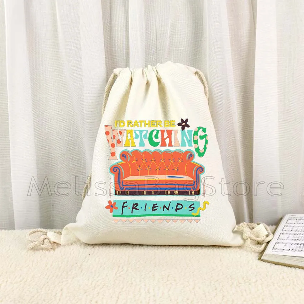 Graphic FRIENDS Central Perk Cartoon Coffee Shop How You Doin Ross Joey Canvas Drawstring Bag Backpack Gym Yoga Sports Sackpack