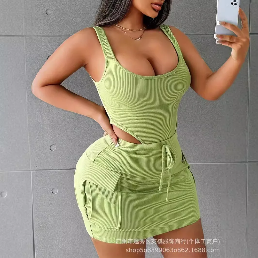 두 조각 세트 여성 스커트 세트 반바지 U 넥 매칭 세트 조끼 탑 짧은 스커트 라인 하이 웨이스트 캐주얼 힙합 랩 슬림 피트