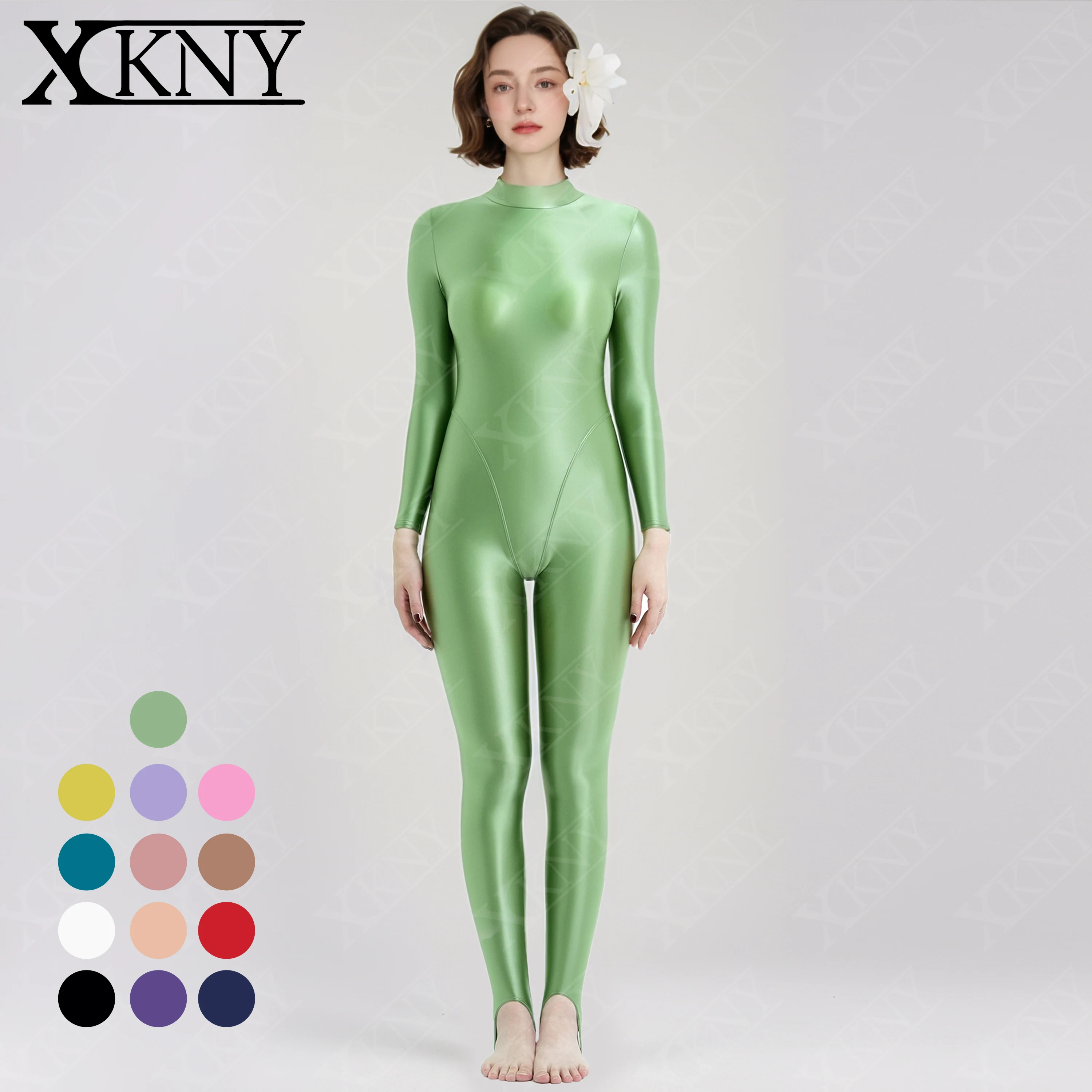 XCKNY Satin Glossy bodysuit High Neck Long Sleeve jumpsuit V-shaped crotch area Unisex full body zipper Leotard OIL BODYSUIT