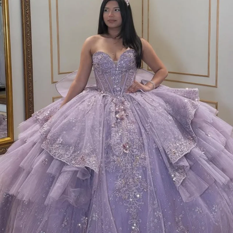 

Лавандово-фиолетовое платье Quinceanera с открытыми плечами, кружевное многослойное блестящее цветочное платье с хвостом, платья de 15, Quinceanera ﻿ Настроить