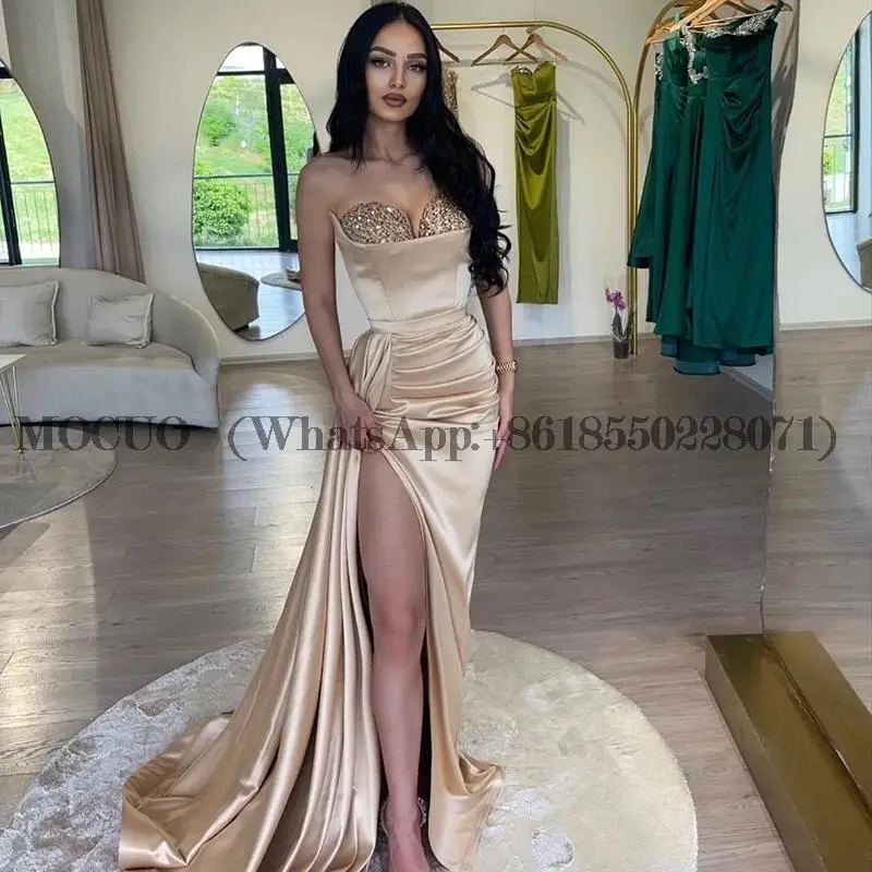 

Light Champagne Mermaid Evening Dresses Glitter Off Shoulder Sexy High Side Slit Prom Dress Pleats Bridesmaid Party Gowns