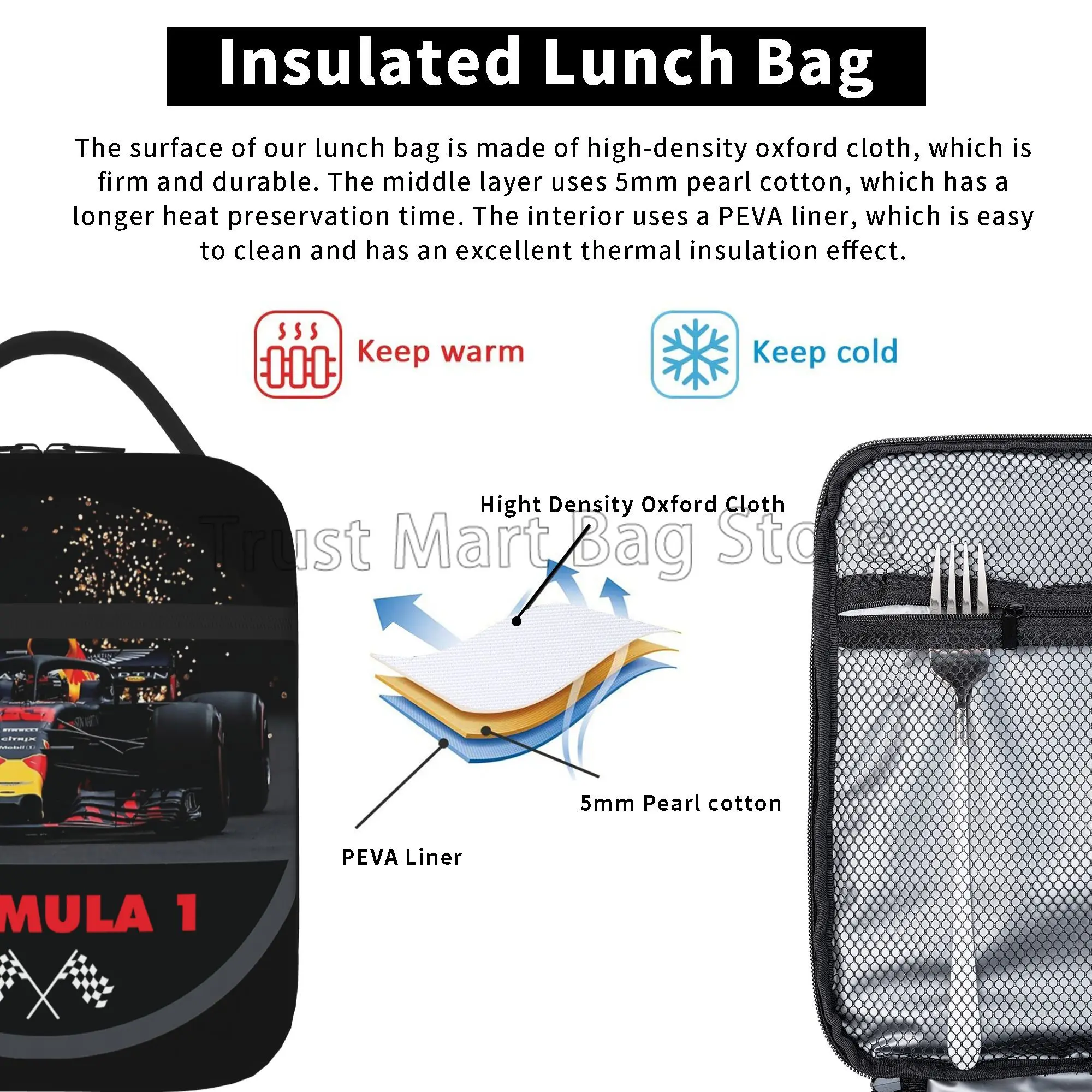 F1 Car Racing Insulated Lunch Bag Portable Reusable Thermal Lunch Box with Zipper for Women Men Picnic Beach Travel Camping