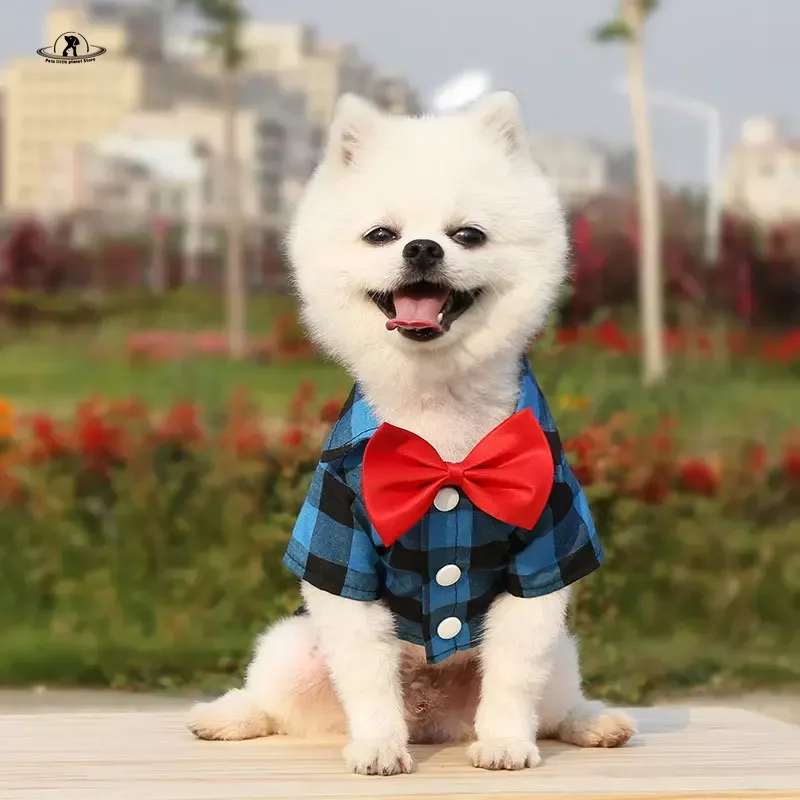 Bowtie Dog T-Shirts Classical Plaid Thin Breathable Summer Dog Clothes for Small Large Dogs Puppy Pet Cat Vest Chihuahua Yorkies