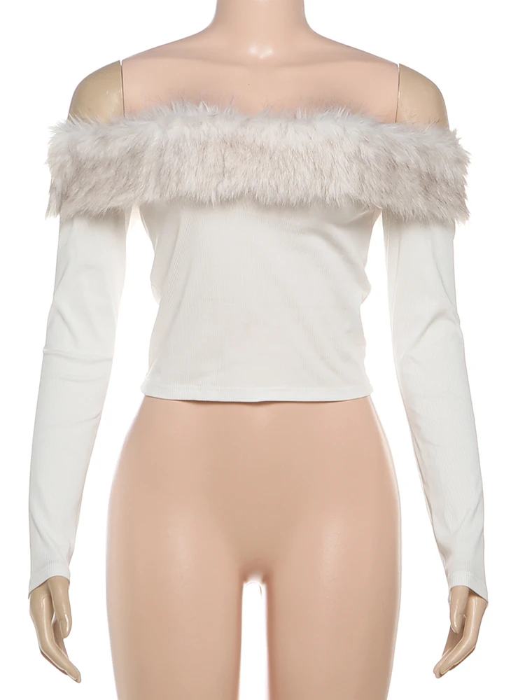 Kliou Camisetas de retalhos de pelúcia feminina com gola redonda, manga cheia, umbigo sem costas, quente, estilo de rua, clássico, skinny