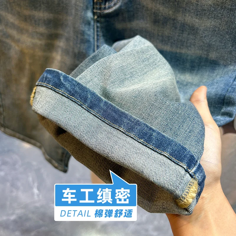 2024 New Casual Denim Shorts For Men And Adolescents Summer Loose Straight Style Fashion Brand Retro Blue Washed Split Pants