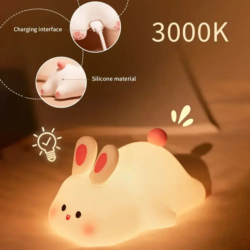 Cute Rabbit Silicone Night Lamp Touch Sensor Big Face Rabbit Pat Night Light Timing USB Rechargeable Light for Kids Gift