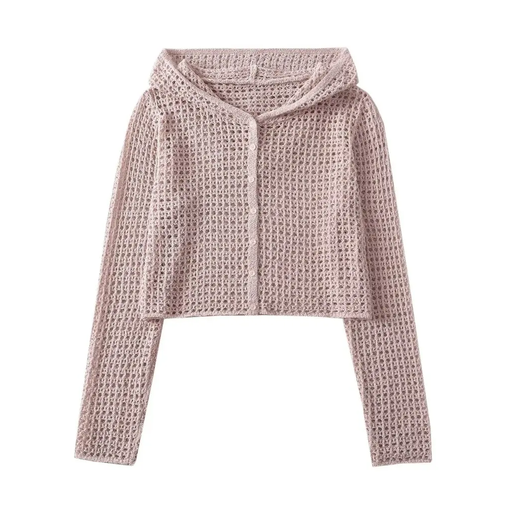 

Women's Early Autumn Mesh Hollow-Out See-Through Single-Breasted Cardigan Loose Long Sleeve Hooded Sweater Outer Wear